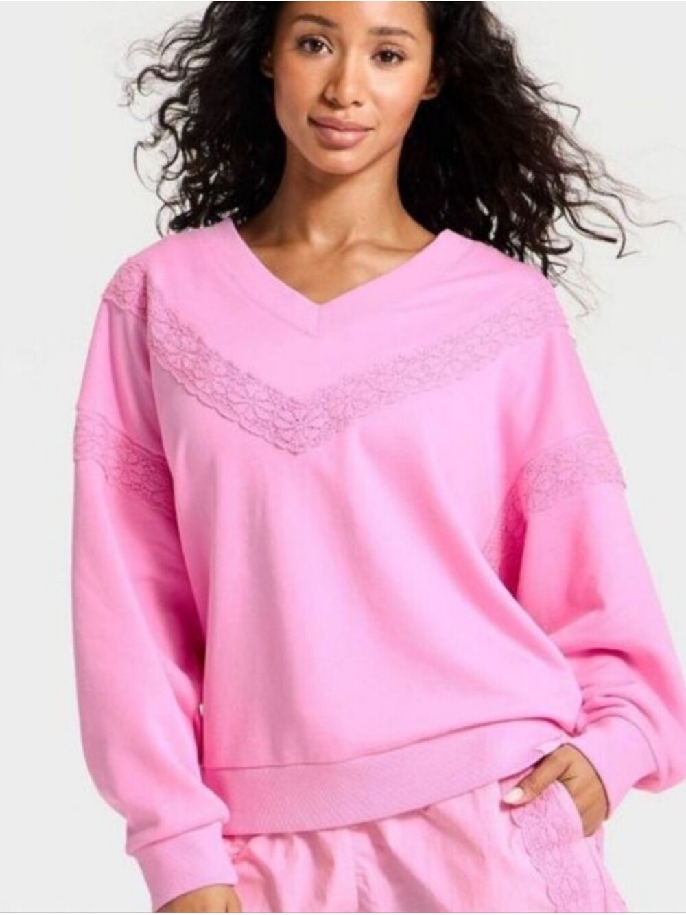 Joylab Pink Lace-Trim V-Neck Women's Sweatshirt